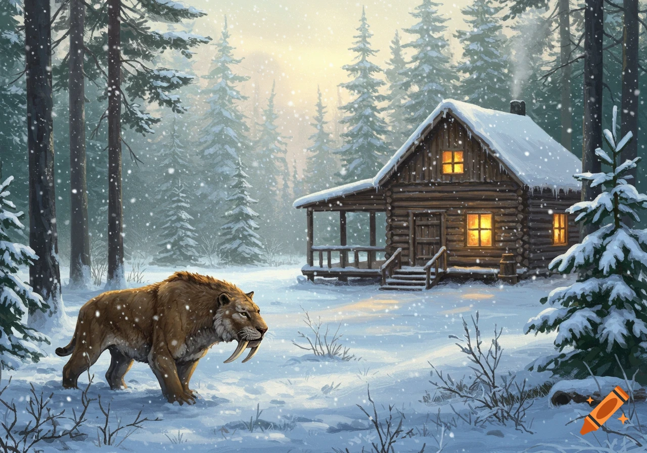 A saber-tooth tiger walks through a snowy forest with a rustic log cabin in the background, illustrated.
