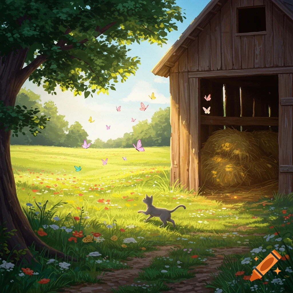 A stylized illustration of a small gray cat running through a sunny meadow filled with colorful wildflowers, with butterflies fluttering around. A wooden barn and a large tree frame the scene.