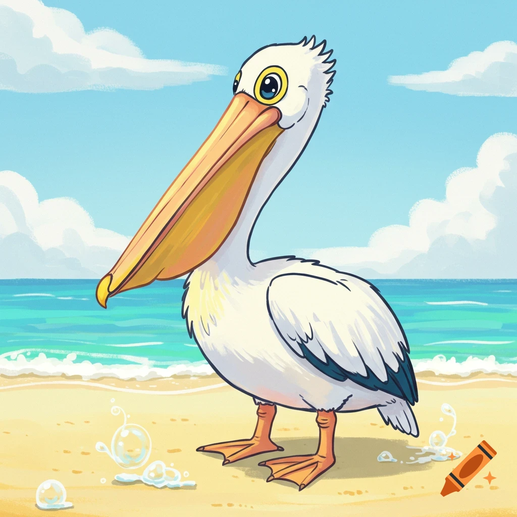 A cartoon pelican stands on a sandy beach with the ocean and a blue sky with clouds in the background.