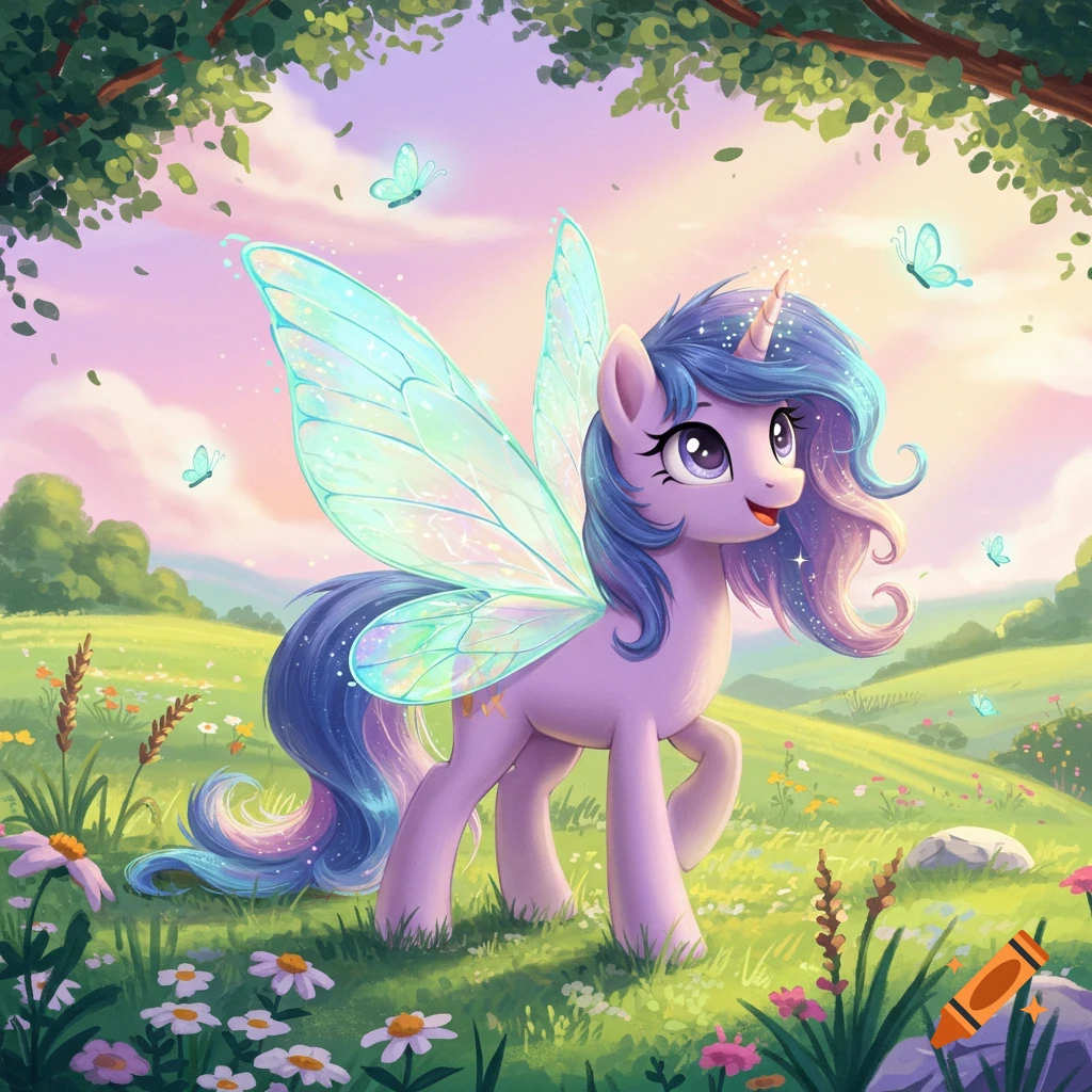 A cute purple pony with shimmering butterfly wings and a horn stands in a vibrant green meadow with flowers under a soft sky.