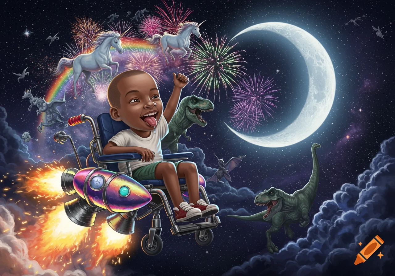 A happy bald Black boy in a rocket-powered wheelchair flies through a starry night sky with fireworks, a rainbow, unicorns, dinosaurs, and a crescent moon.
