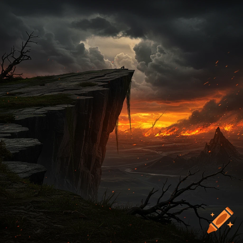 Dark, dramatic landscape with a large cliff overlooking a fiery, apocalyptic scene under storm clouds.