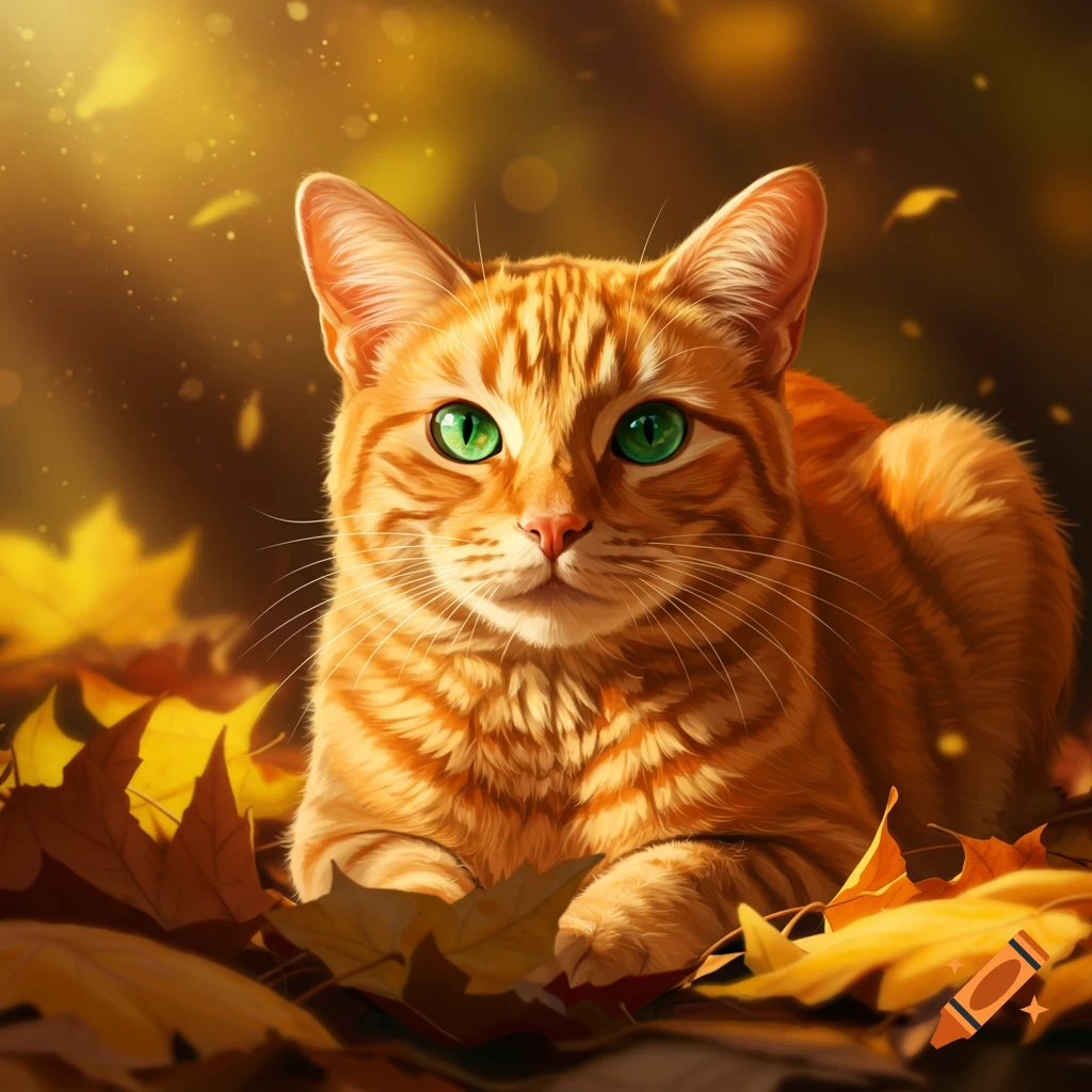 A close-up of an orange tabby cat with bright green eyes, lying among golden and brown autumn leaves.