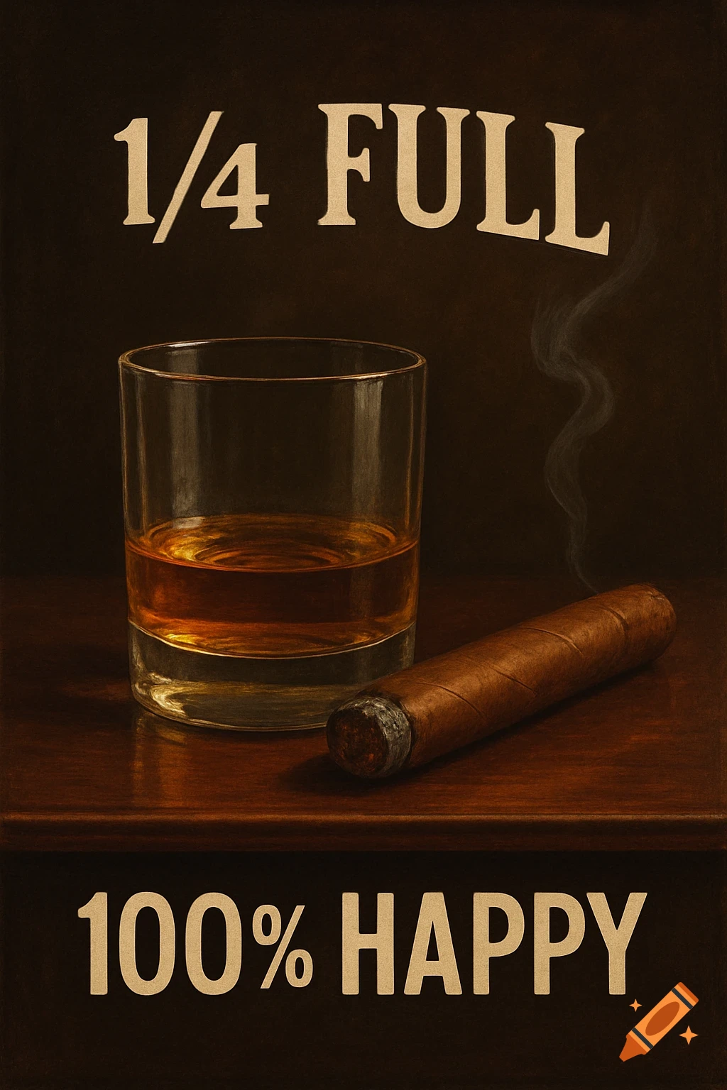 A whiskey glass 1/4 full and a lit cigar with smoke on a dark wooden surface. Text reads "1/4 FULL" at the top and "100% HAPPY" at the bottom.