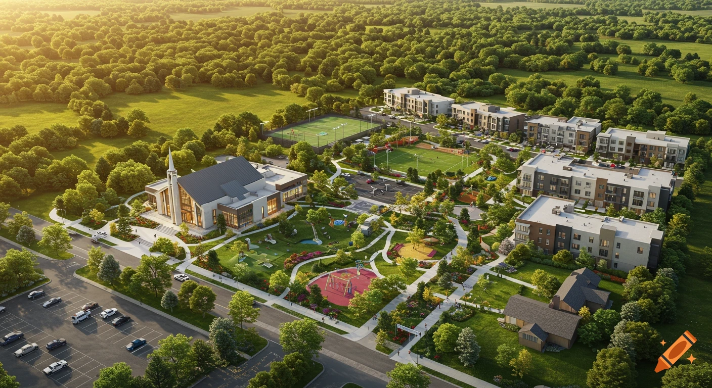Photorealistic aerial view of a sunlit community development with a modern church, apartment buildings, parks, and extensive green landscape.