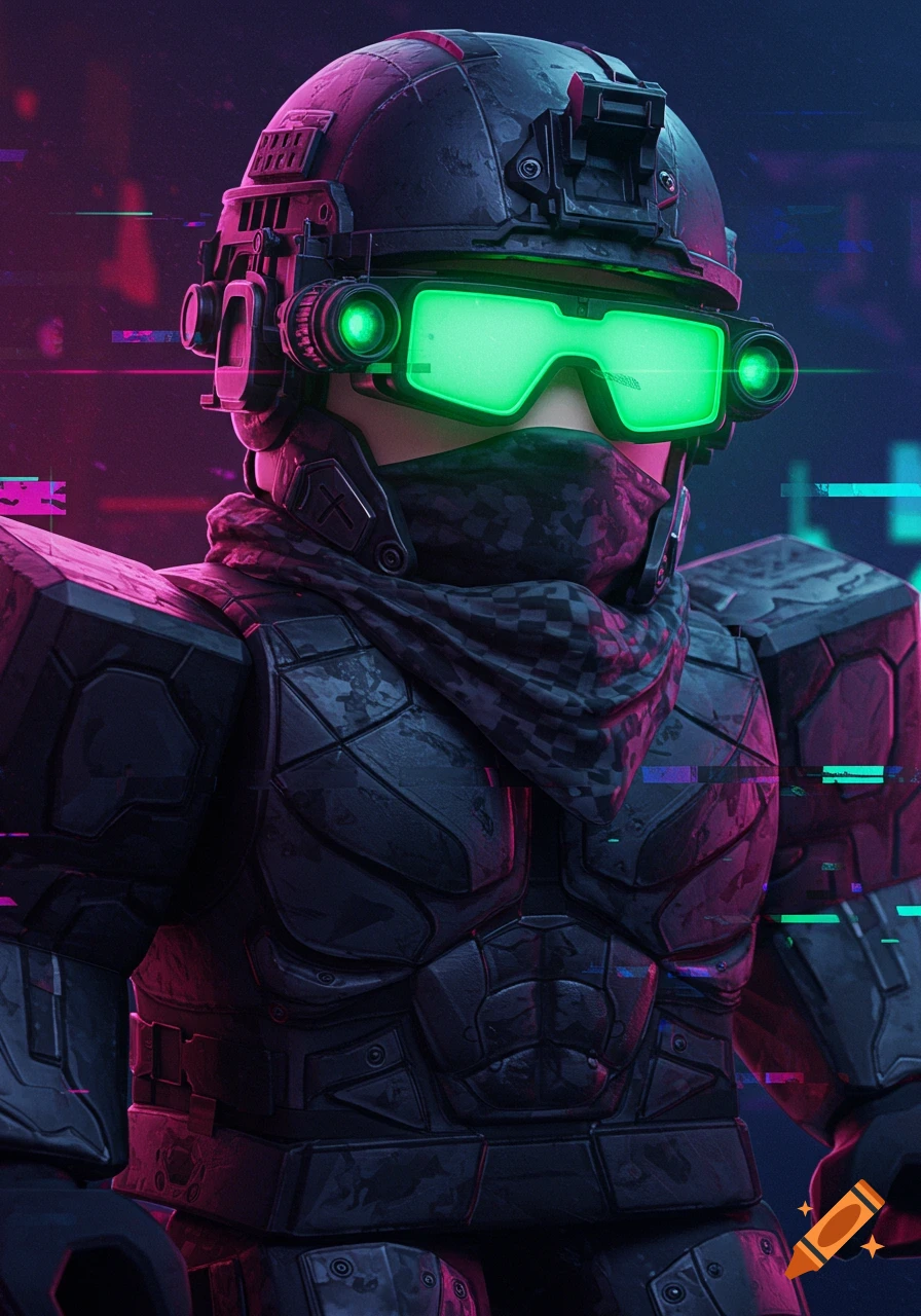 A Roblox avatar in black futuristic armor with glowing green night vision goggles and a scarf, surrounded by digital glitch effects.