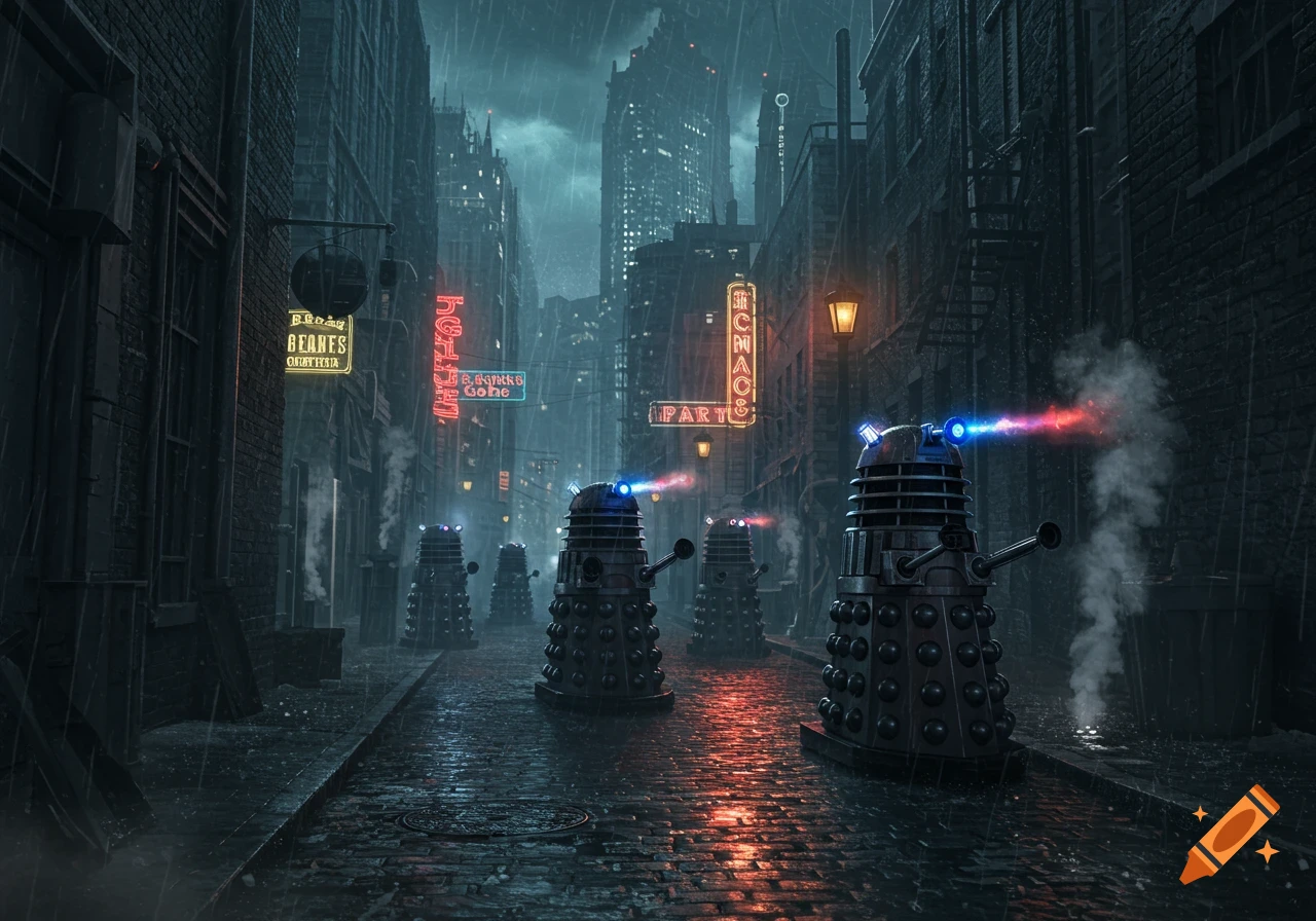 Several Daleks stand on a wet, rainy city street at night, surrounded by tall buildings with glowing neon signs.