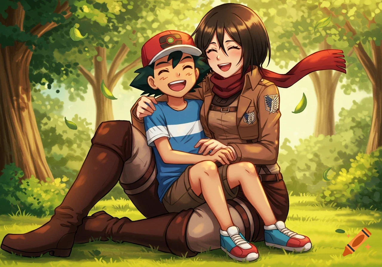 Anime characters Ash Ketchum and Mikasa Ackerman laughing together in a sunny forest.