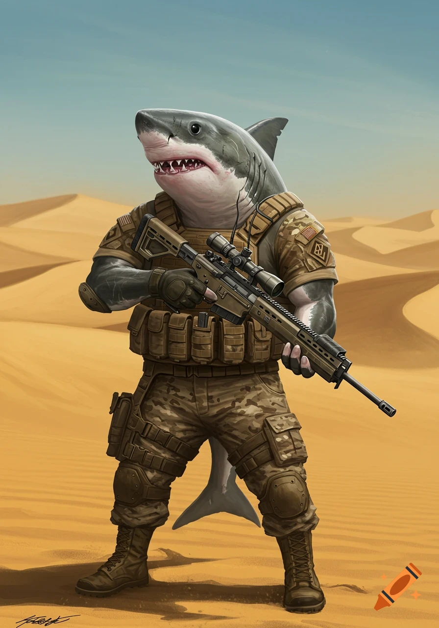 An anthropomorphic great white shark wearing tactical army gear holds a sniper rifle in a desert landscape.