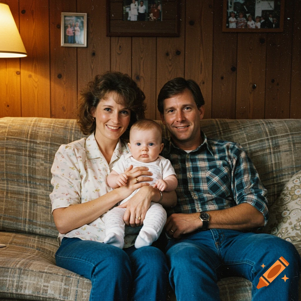 A man and woman sit on a plaid couch, smiling, as the woman holds a baby. Framed photos hang on a wood-paneled wall behind them.