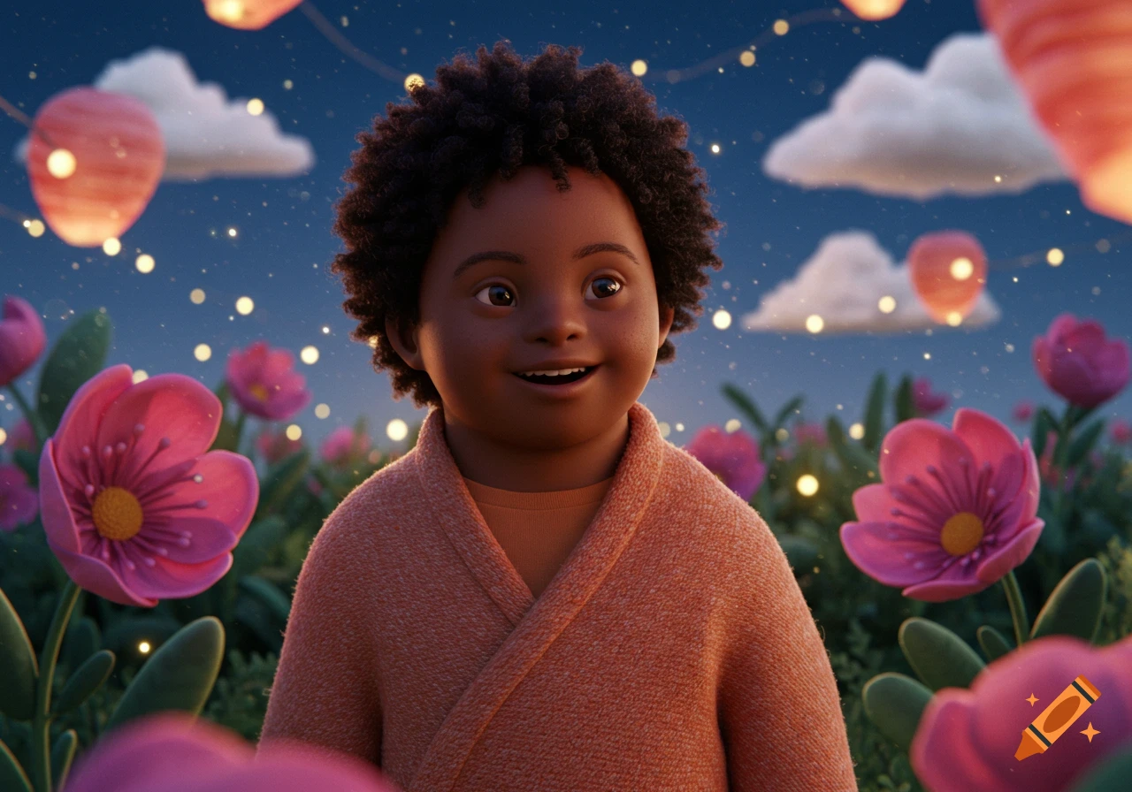 A smiling stylized Black child with Down Syndrome in a magical field with pink flowers and glowing lanterns at night.