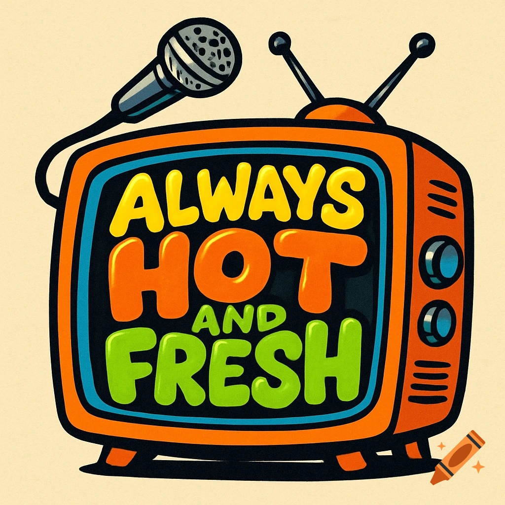 A colorful cartoon logo featuring a retro orange television with the words 'ALWAYS HOT AND FRESH' and a microphone.