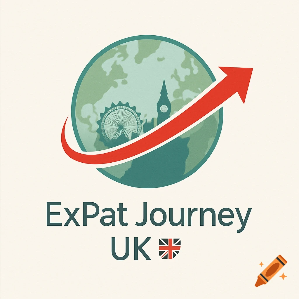 A logo with a green globe, London landmarks, a red arrow, and 'ExPat Journey UK' text with a UK flag.