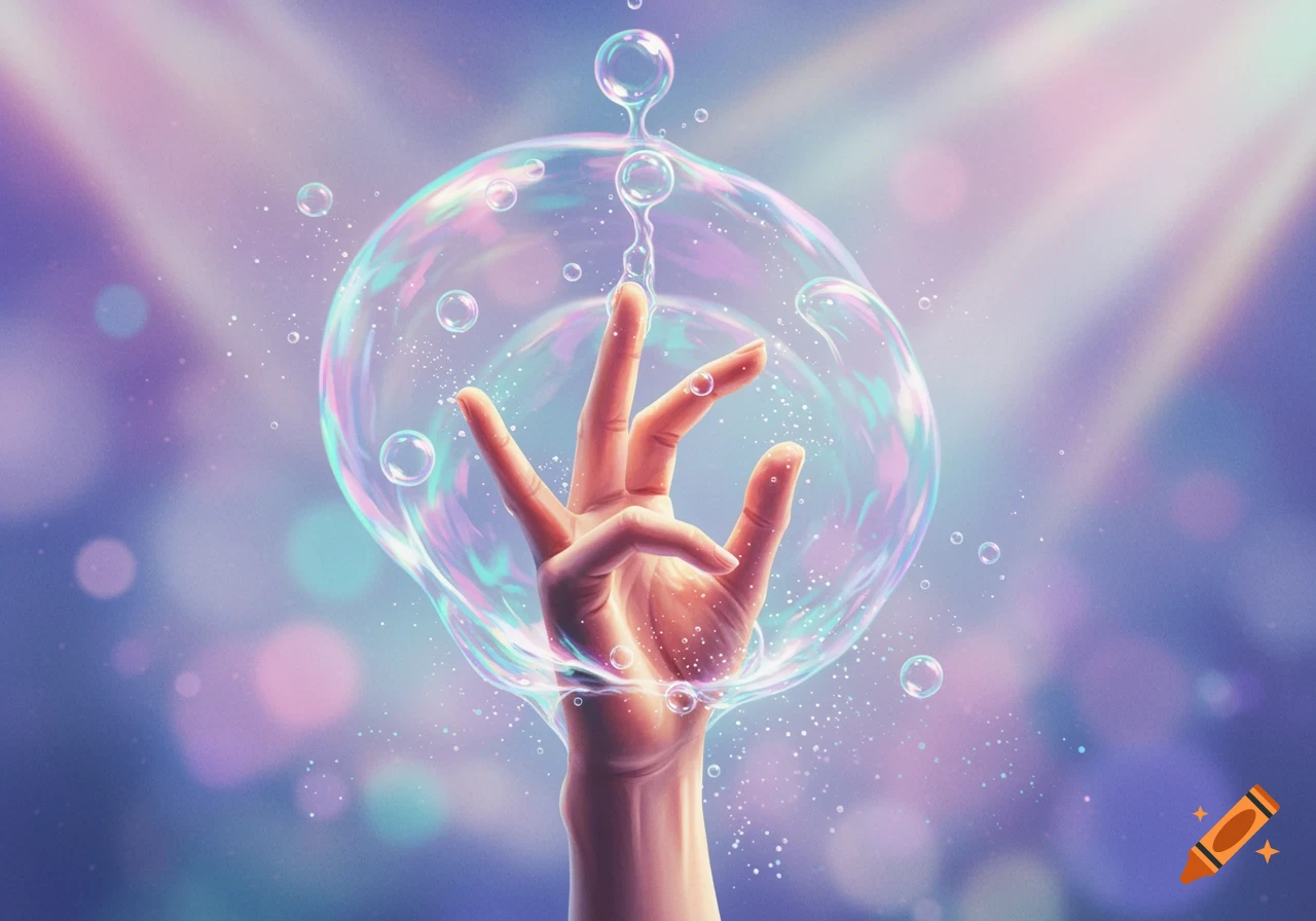 A hand reaching upwards, encased within a large iridescent bubble, surrounded by smaller bubbles and light particles, against a blurred purple and pink background.