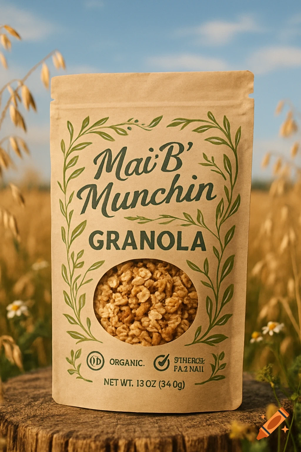 A granola bag labeled "Mai'B'Munchin GRANOLA" on a tree stump in a field of oats, under a blue sky, in a photorealistic style.