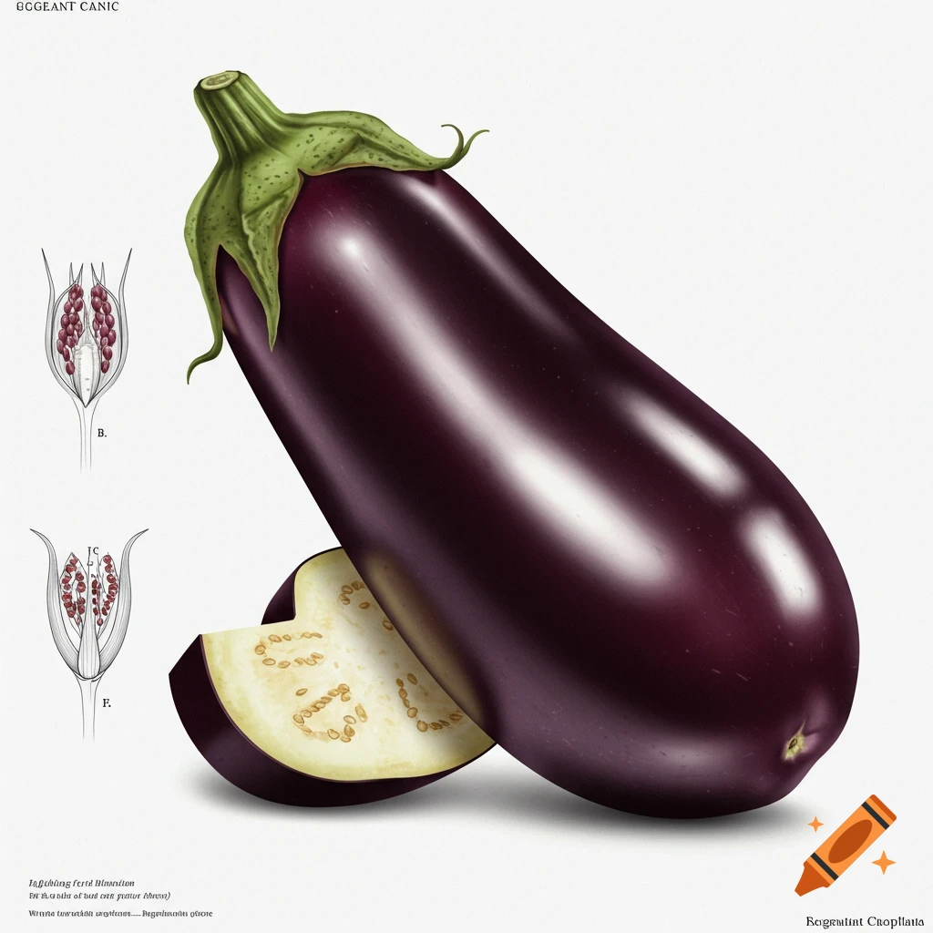 A vibrant purple eggplant with a slice cut off, accompanied by detailed botanical cross-section diagrams on a white background.