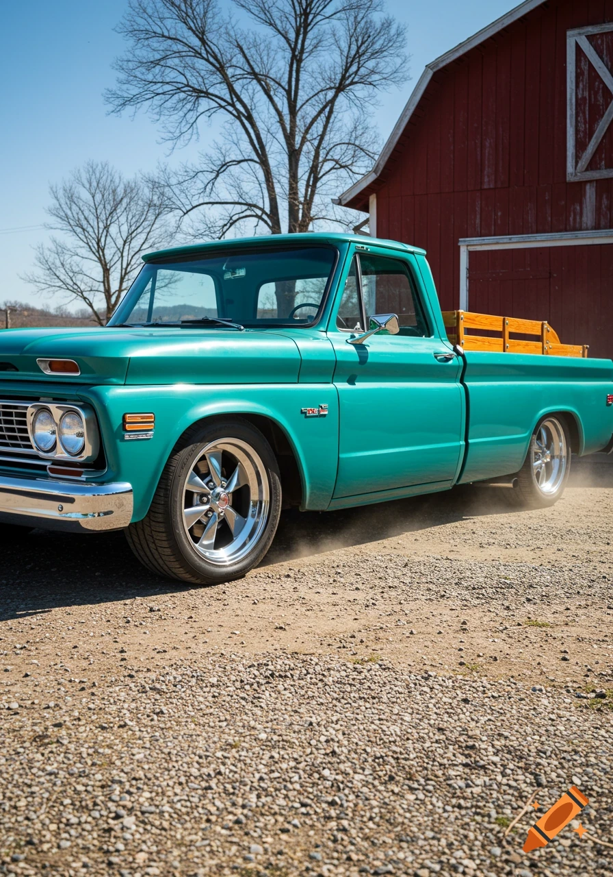 A teal classic Chevrolet C10 pickup truck parked on a gravel road in front of a red barn.