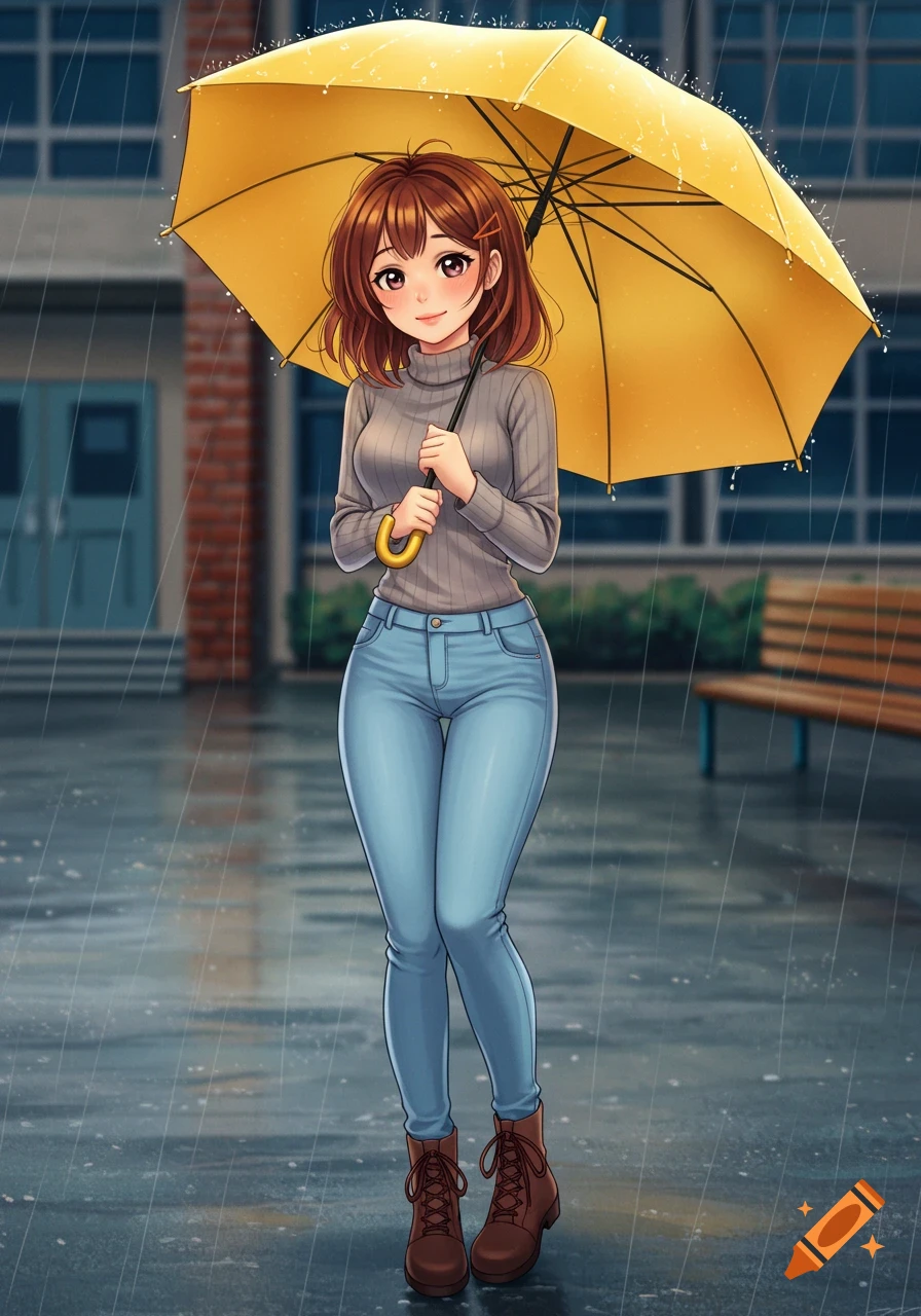 An anime girl with auburn hair holds a yellow umbrella in a rainy school courtyard.