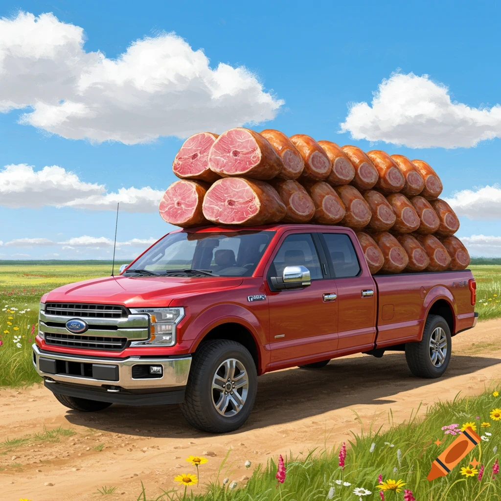 A red Ford F-150 pickup truck is overloaded with large hams stacked high in its bed and on its roof, driving on a dirt road through a green field under a blue sky with clouds.