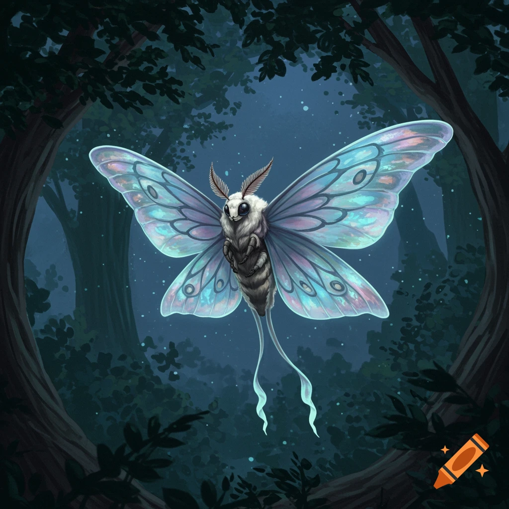 A luminous moth-like creature with iridescent blue and pink wings and a fuzzy white body hovers in a dark, glowing forest at night.