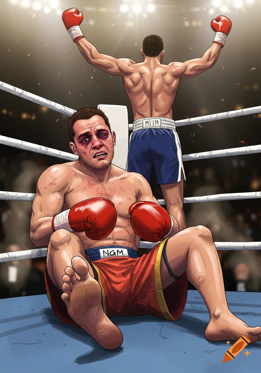 Stylized illustration of a defeated boxer with a black eye sitting in the ring as his opponent celebrates.