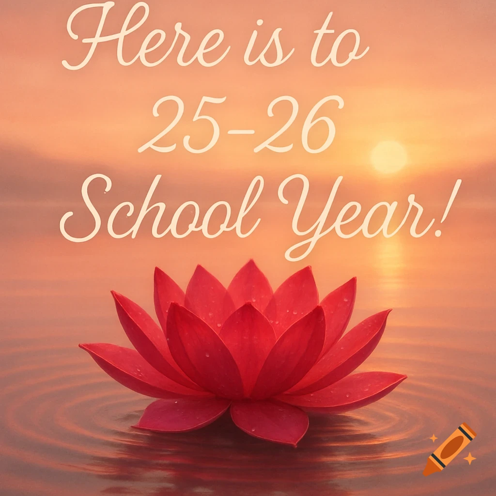 Red lotus flower on water with sunset in background and text 'Here is to 25-26 School Year!'