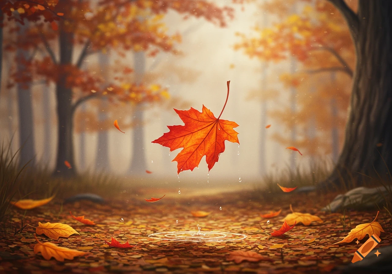 A vibrant red maple leaf falls towards a puddle, surrounded by other autumn leaves in a blurry forest.