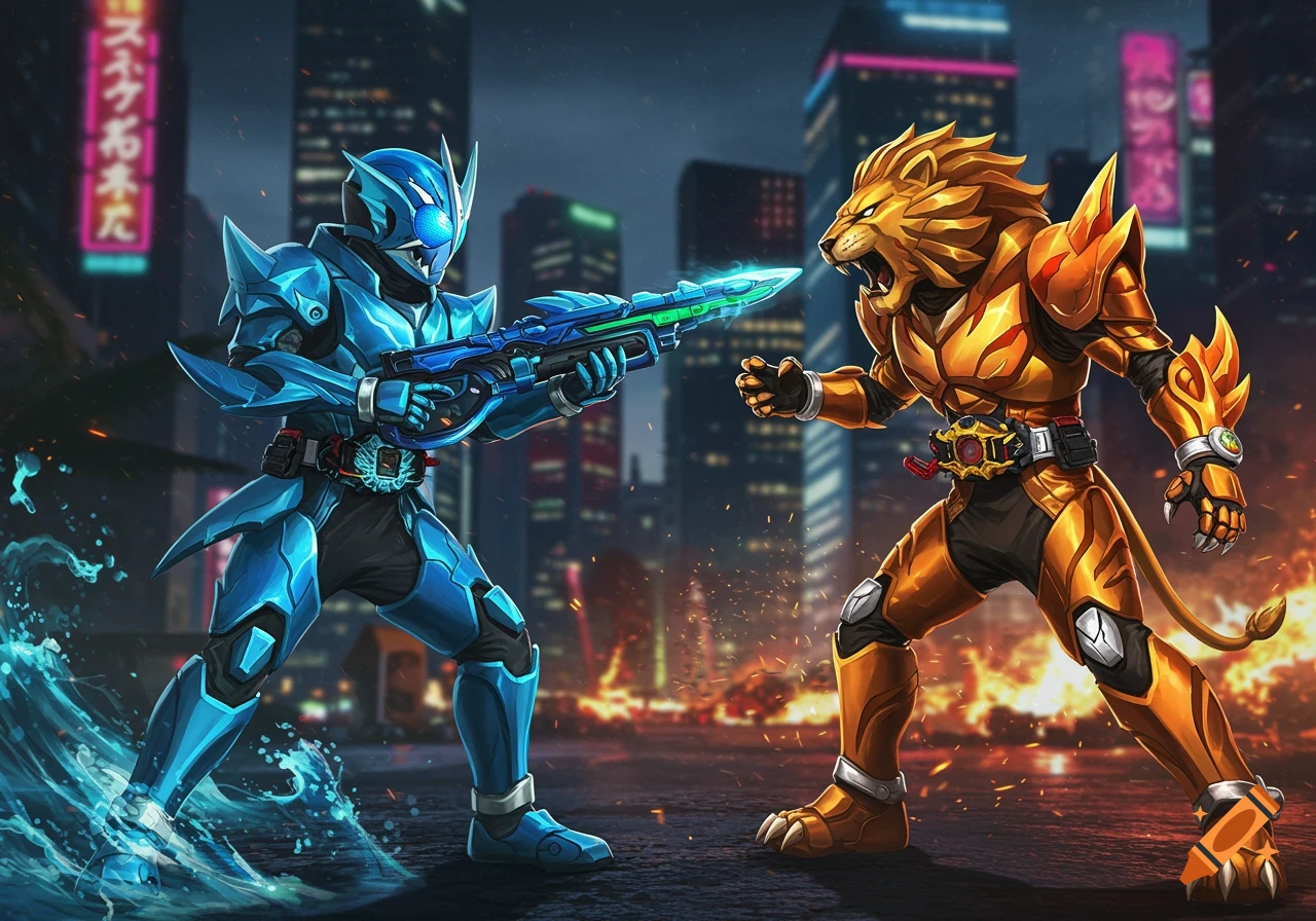 A blue shark-themed armored rider with a laser gun faces off against an orange lion-themed armored rider in a city at night.