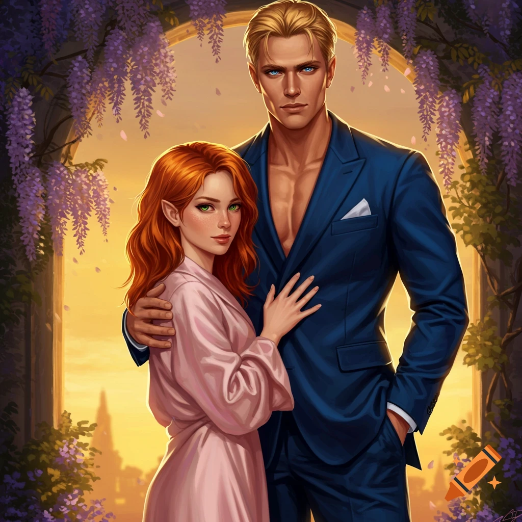 A red-haired elf-like woman in a pink robe and a blonde man in a blue suit stand embraced under a wisteria arch at sunset in a digital illustration.