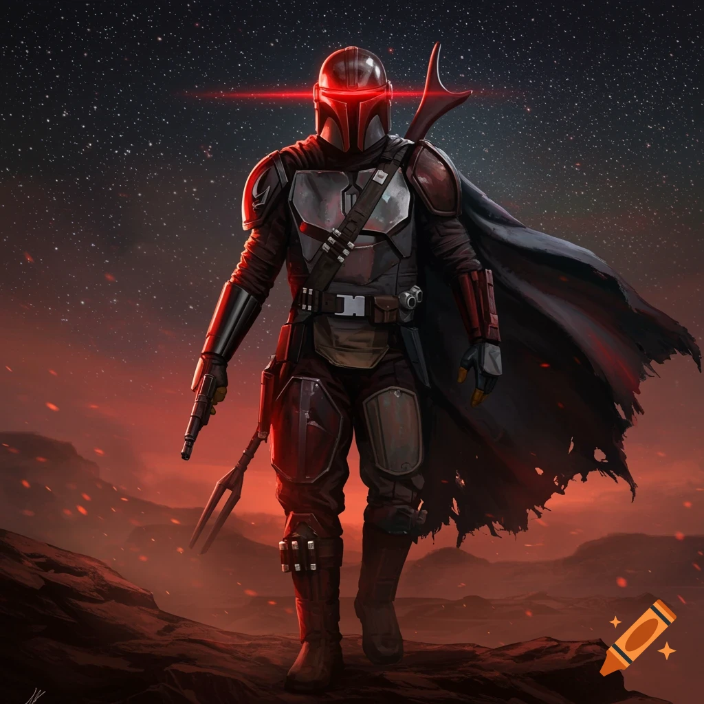 A fully armored Mandalorian-like figure with glowing red eyes stands on a rocky, red-tinged alien planet under a starry sky, holding a rifle and spear.
