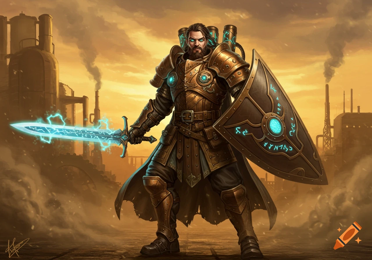 A male artificer in steampunk armor holds a glowing blue sword and shield, standing in an industrial landscape at sunset.