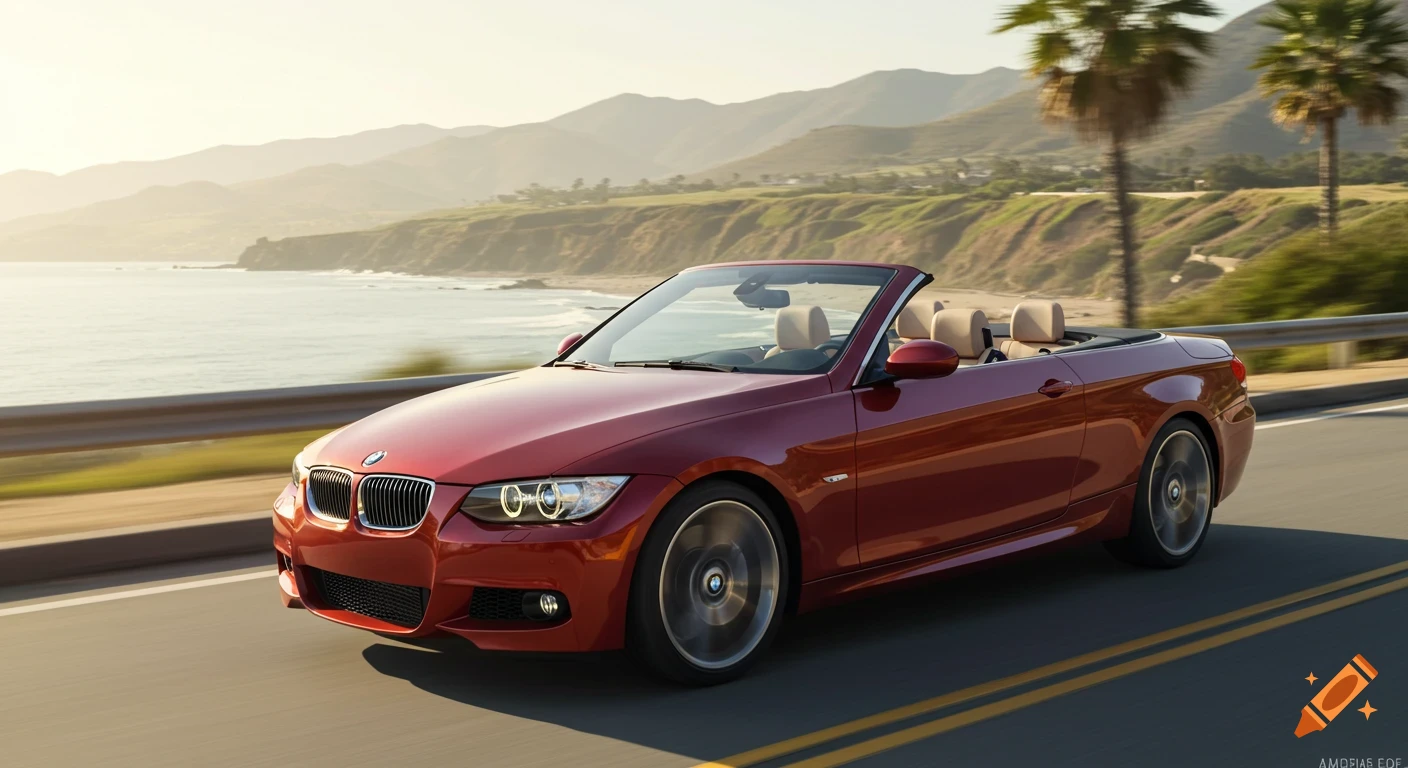 A red BMW convertible drives along a scenic coastal highway at sunset, with mountains and the ocean in the background.