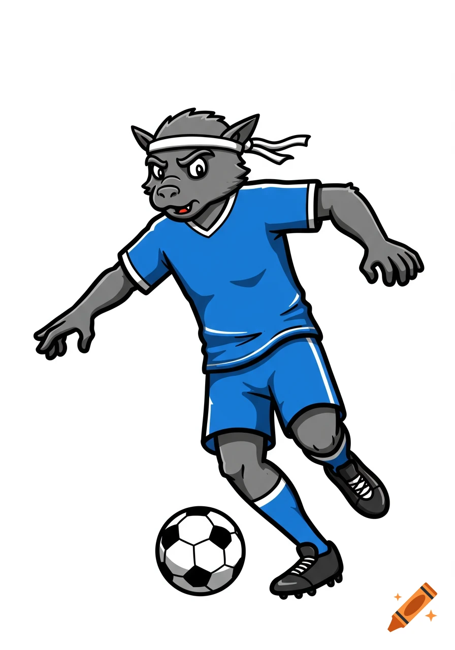 A cartoon anthropomorphic wolf soccer player in a blue uniform and white headband dribbles a soccer ball.