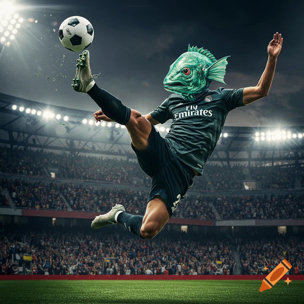 Photorealistic image of a soccer player with a green fish head kicking a ball in a stadium filled with spectators.