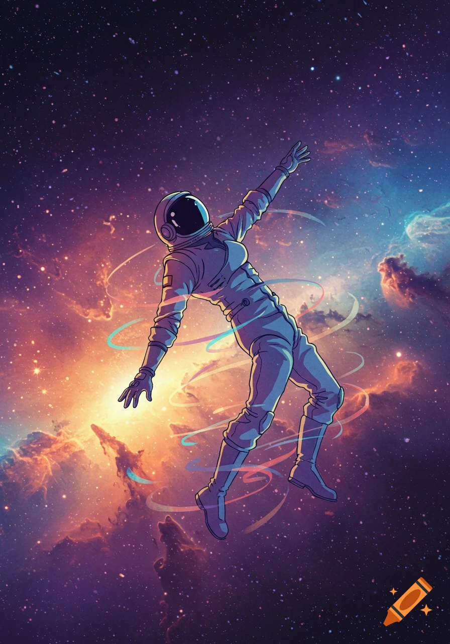 An astronaut floats in vibrant cosmic nebulae and stars in a 2D illustrated style.