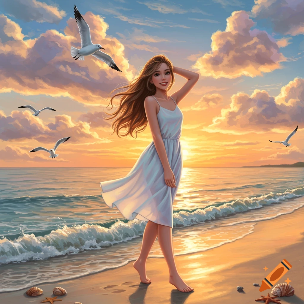 An illustrated woman with long hair in a light dress walks on a beach at sunset with seagulls flying over the ocean.