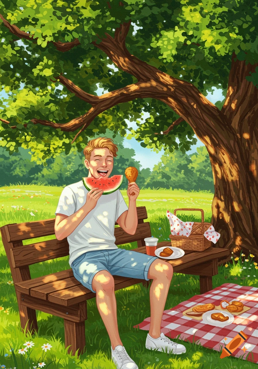 A smiling young man sits on a park bench under a tree, eating watermelon and a chicken drumstick, with a picnic basket beside him. Digital illustration.