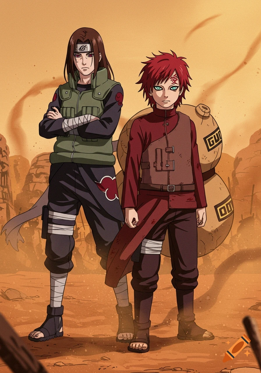 Anime characters Neji and Gaara from Naruto stand in a desert landscape.