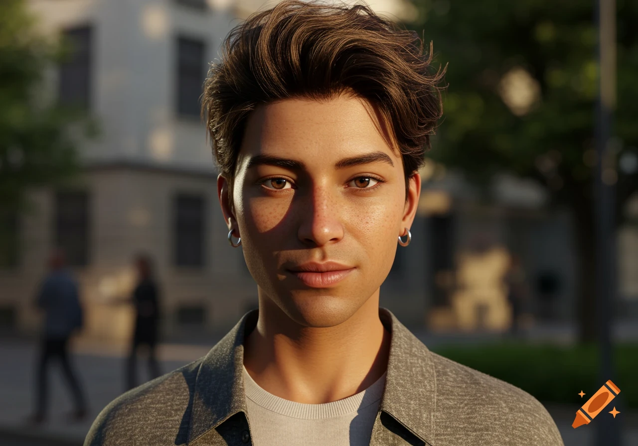 Photorealistic portrait of a young man with brown hair, freckles, and silver hoop earrings, outdoors.