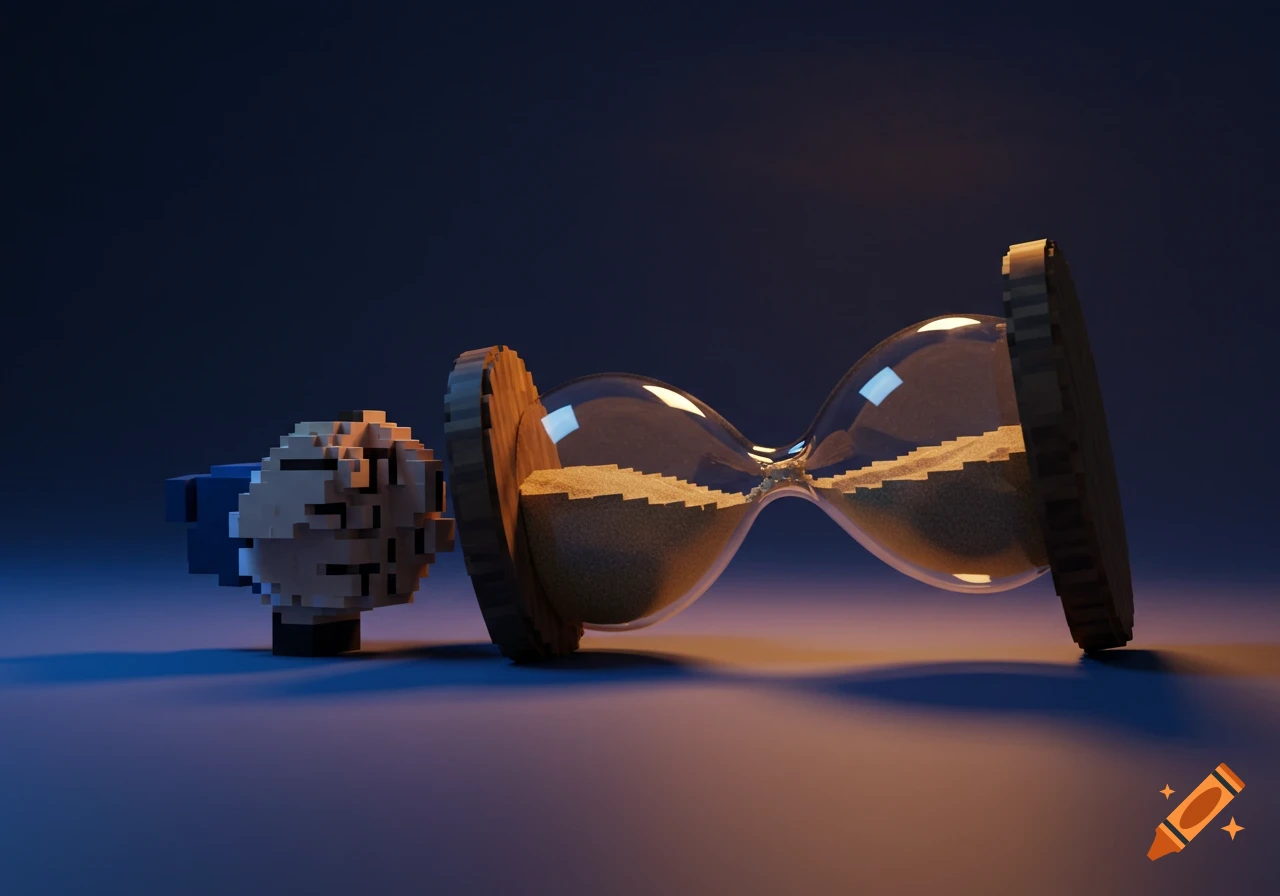 A small pixelated fist lies next to a large hourglass filled with sand, resting sideways on a dark surface.