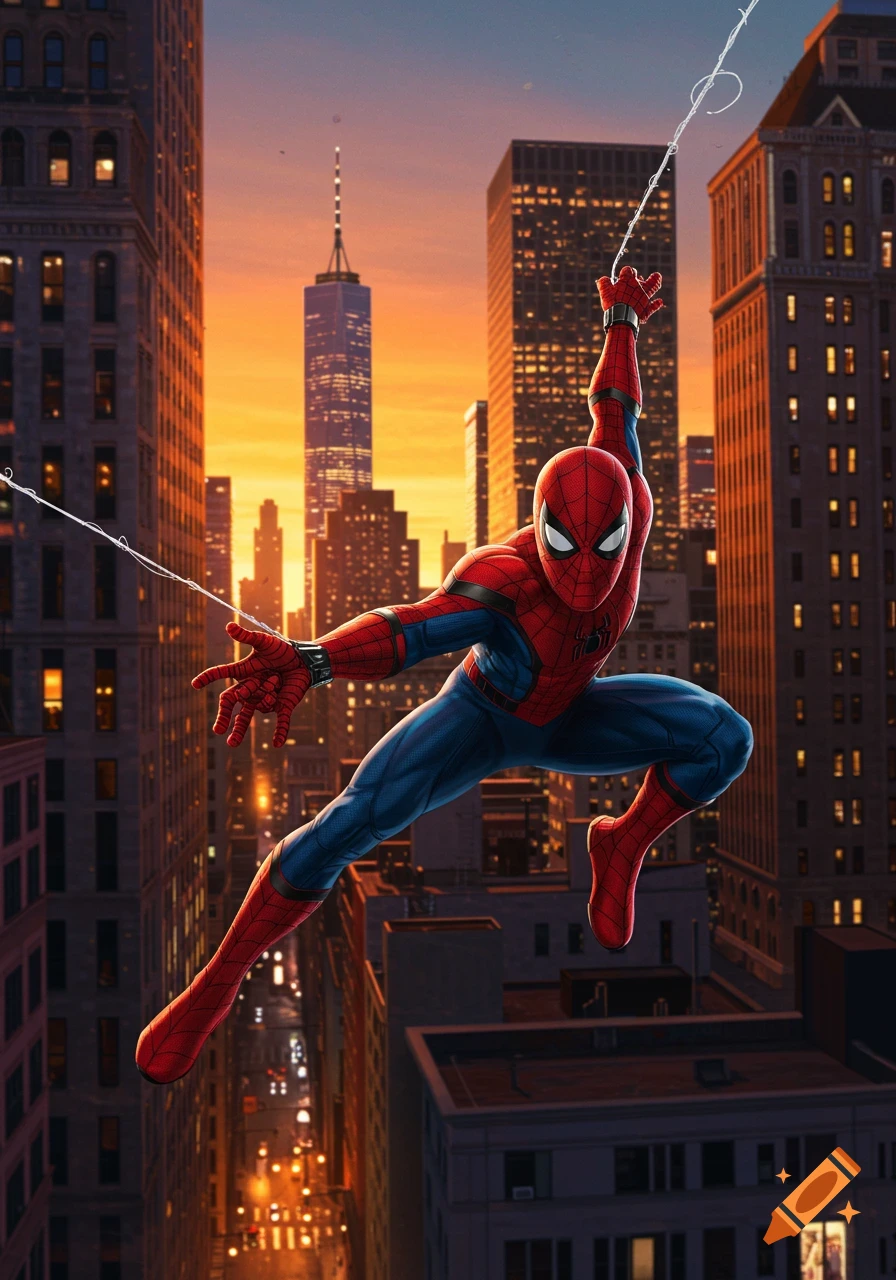 Spider-Man swings through a city at sunset, surrounded by tall buildings, in a comic book art style.