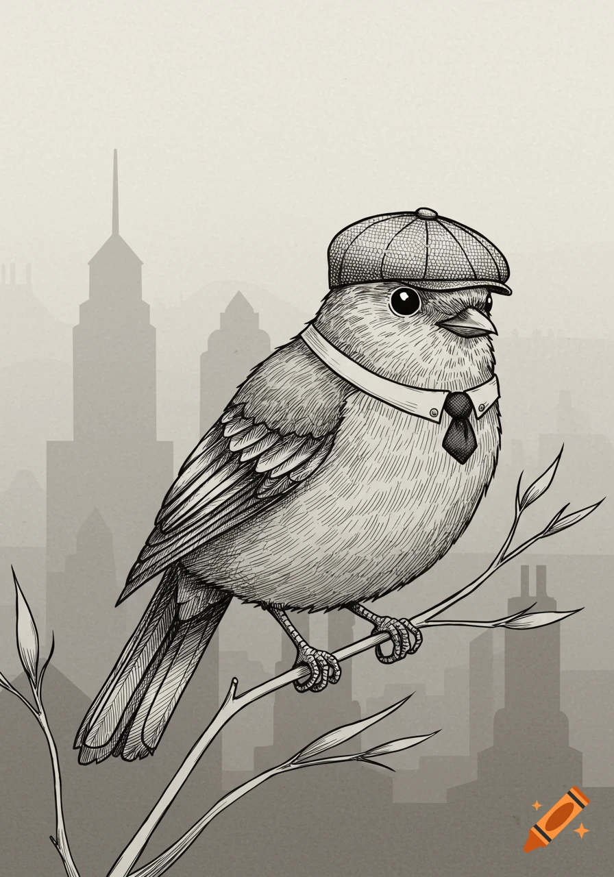 Black and white drawing of a bird in a golf hat and tie on a branch, with a city skyline.