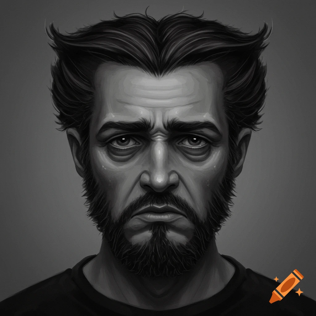 A black and white portrait of a weary man with a beard and hair styled like Wolverine.
