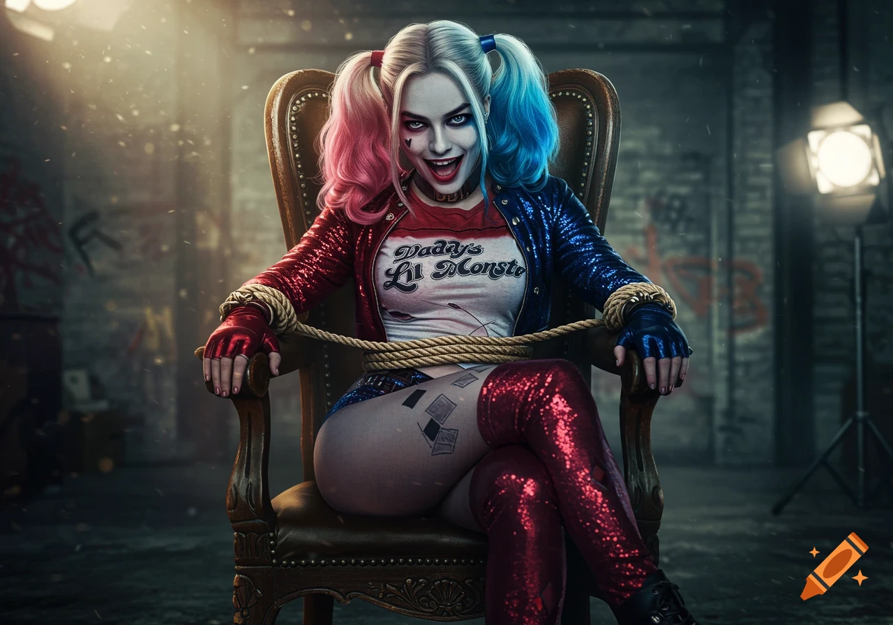 Photorealistic image of Harley Quinn with pigtails and a red and blue sequin jacket, smiling and tied to a chair.