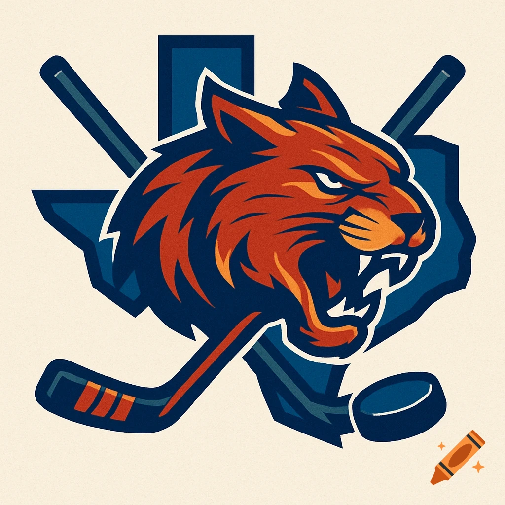 A graphic logo featuring an aggressive orange and blue wildcat head over a blue outline of Texas, with crossed hockey sticks and a puck.