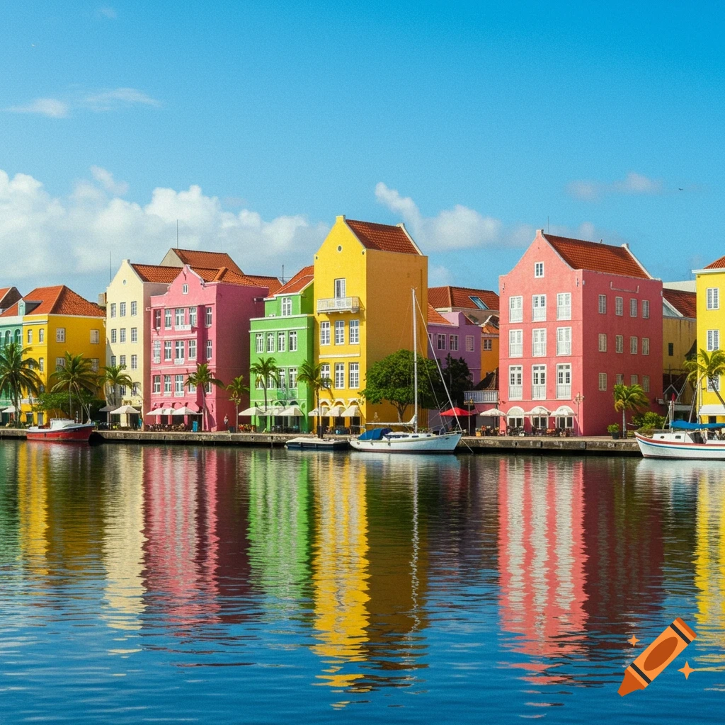 Vibrant, colorful Dutch colonial buildings reflected in a calm canal with boats under a bright blue sky.