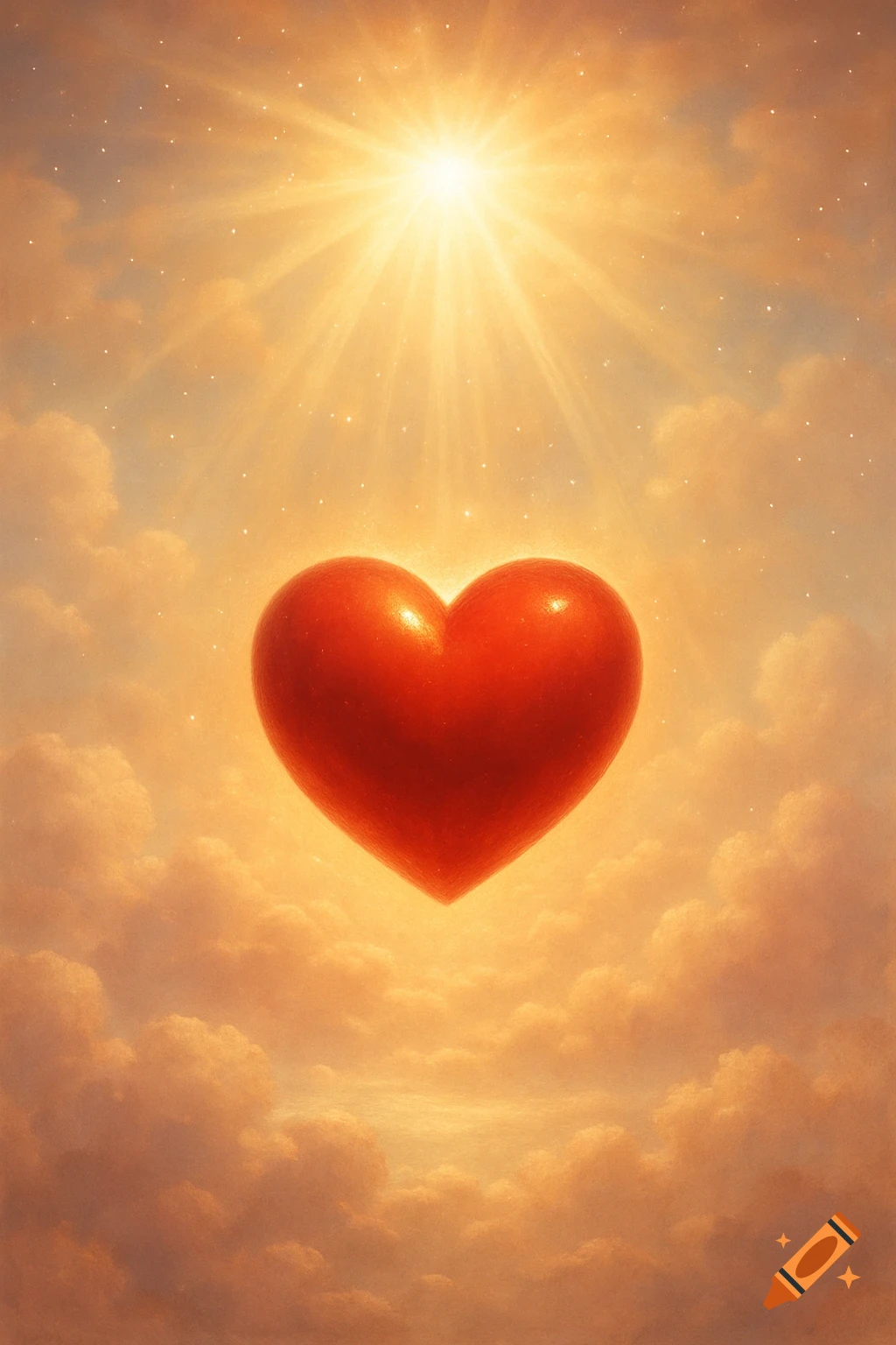 A vibrant red heart floats amidst soft, golden clouds, bathed in the radiant glow of a bright sun.