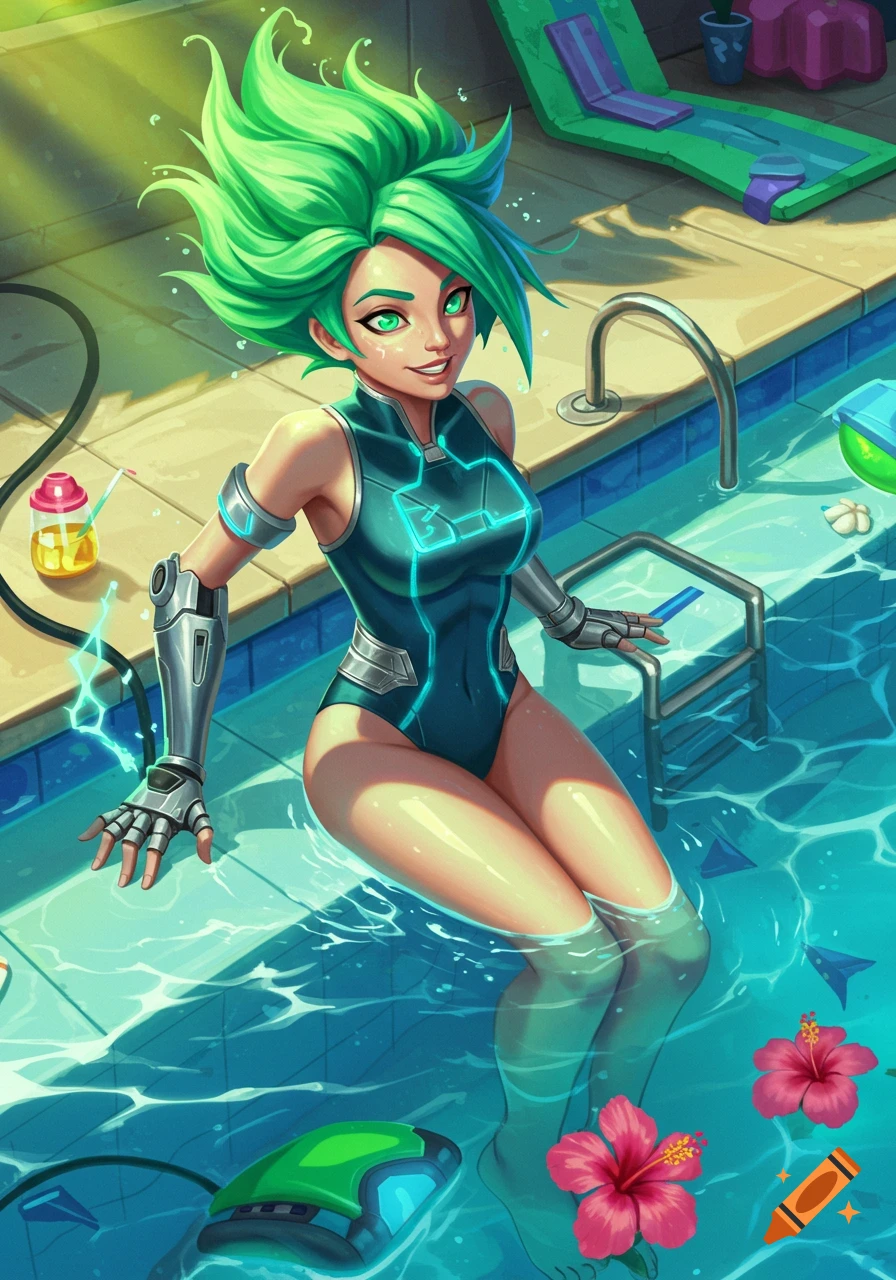 Vibrant, stylized illustration of Zeri from League of Legends with green hair and a cybernetic arm, sitting in a sunny swimming pool.