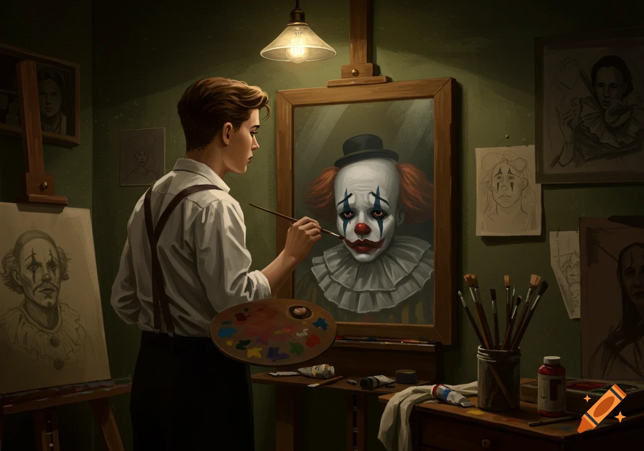 A young man in a 1950s-style art studio paints his reflection, which appears as a sad clown in a mirror.