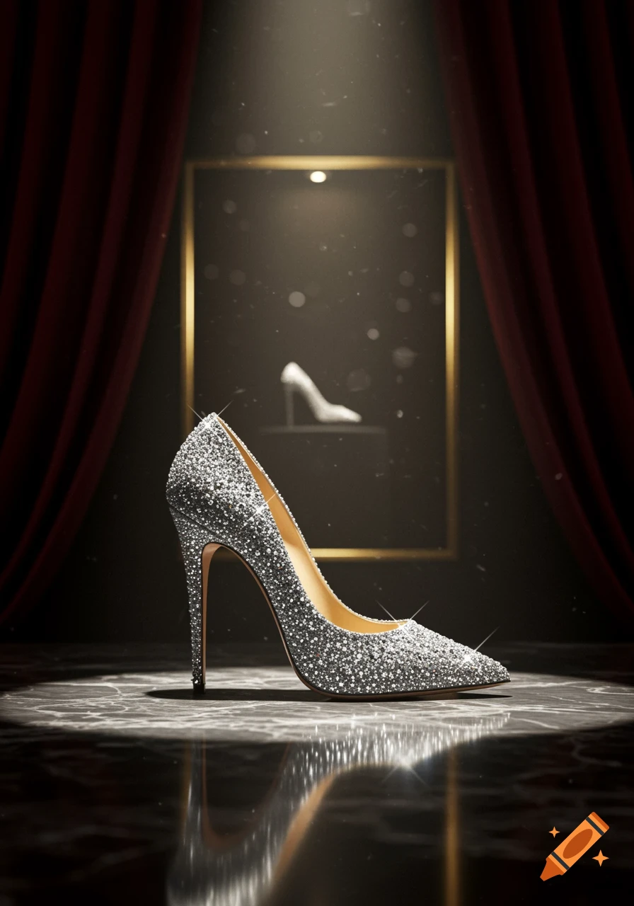A dazzling silver sparkly high heel shoe illuminated by a spotlight on a reflective dark surface, with red curtains in the background.